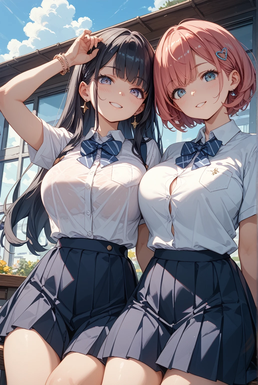 1girl, full body, solo, summer, village, trees, sun, clouds, ((colorful hair)), ponytail, large breasts, button down, blue eyes, ((white shirt)), ((unbuttoned shirt)), unbuttoning buttons, popping buttons, ((short sleeved shirt)), light brown west sweeter, , black mini skirt, brown shoes, grin, looking at the viewer, standing, hair ribbon, cleavage, golden necklate