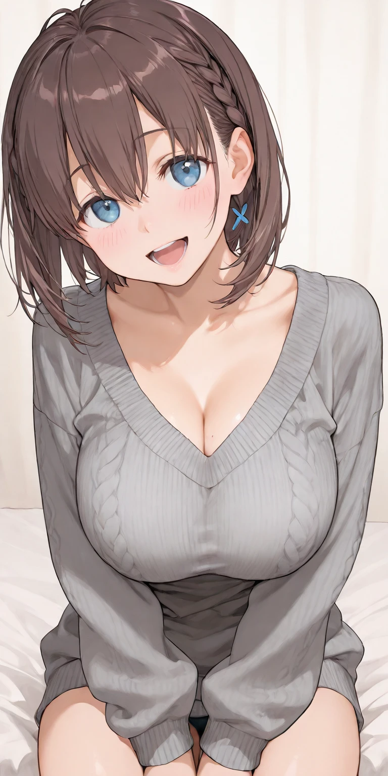 (masterpiece:1.3), (8k, Photorealistic, Raw photo, Best image quality: 1.4), Japanese 、(Random Hairstyles:1.2)、Cleavage:1.2、Super detailed face、Attention to detail、double eyelid、Put your chest together、Sharp focus:1.2、Beautiful woman:1.4、Light brown hair、highest quality、masterpiece、超A high resolution、(Photorealistic:1.4)、Highly detailed and professionally lit smile、Loose, lightweight knitwear、Shoulder out、thin、Serious expression、Short-haired、Deadly position