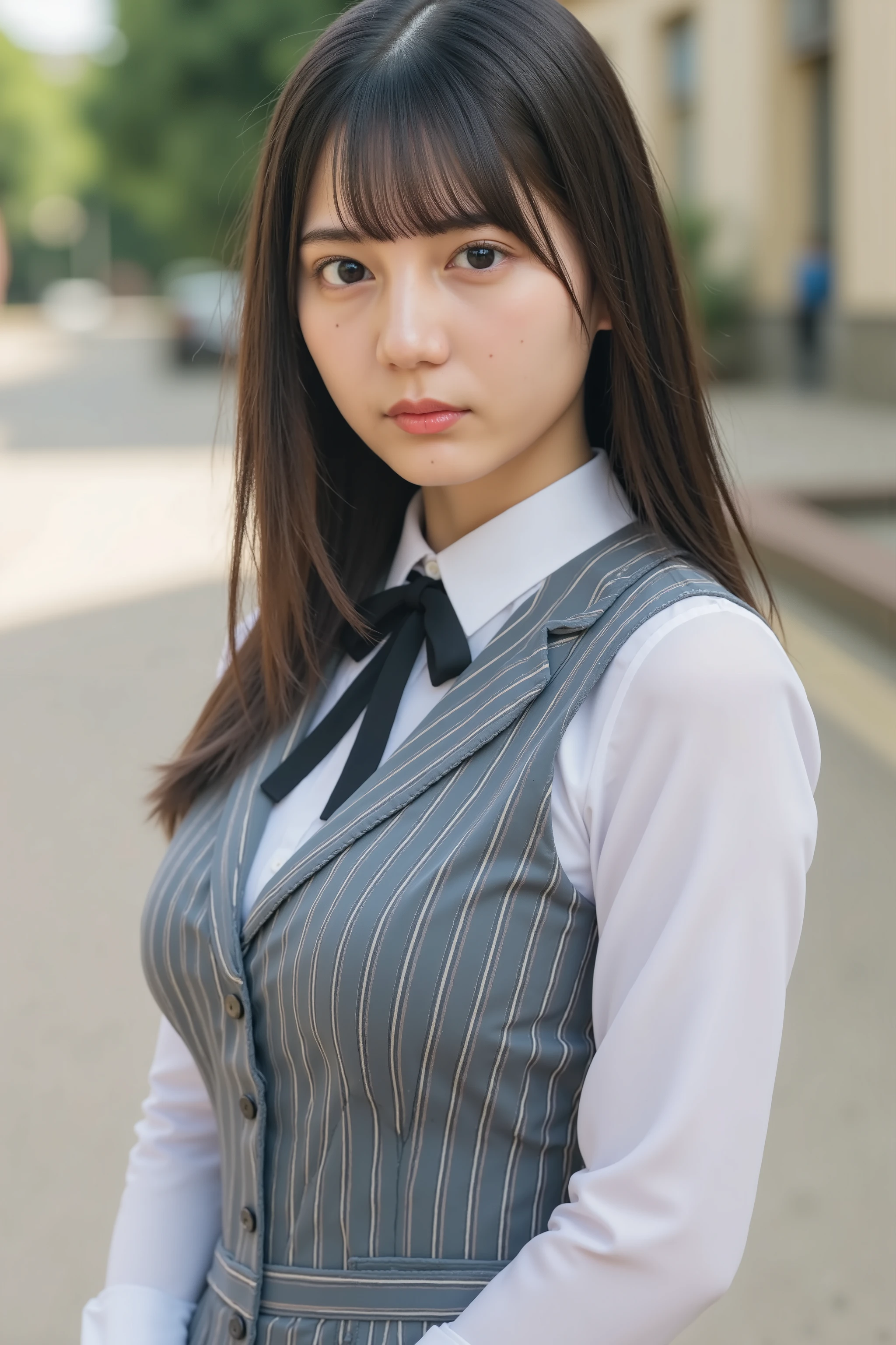 1girl, on the street, Japanese teenager, body turns diagonally to the side, smile, tight white button down business-shirt, both hands behind, very huge breasts, boyish hair, navy blue tight skirt, very thin waist, from below angle, eyes are looking here,