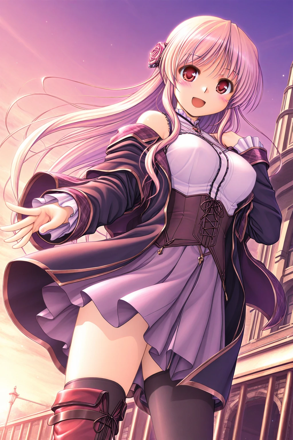 tmasterpiece, As estrelas, looking over city, intense shading, actual, a true, unbelievable_Huang Li, Wallpapers, Colorful, girl, Long gray hair, with pink hair, curlies, view the viewer, smilingly, Excited, ribbed sweater, hoody, Minkitz, White panty hose, the bow, the hair_the bow, Pink collar, Wear gloves on elbows, half gloves, ear nipple ring, Verism, by Alfons Mucha, cinematic lighting, anime, anatomically correct, Best quality