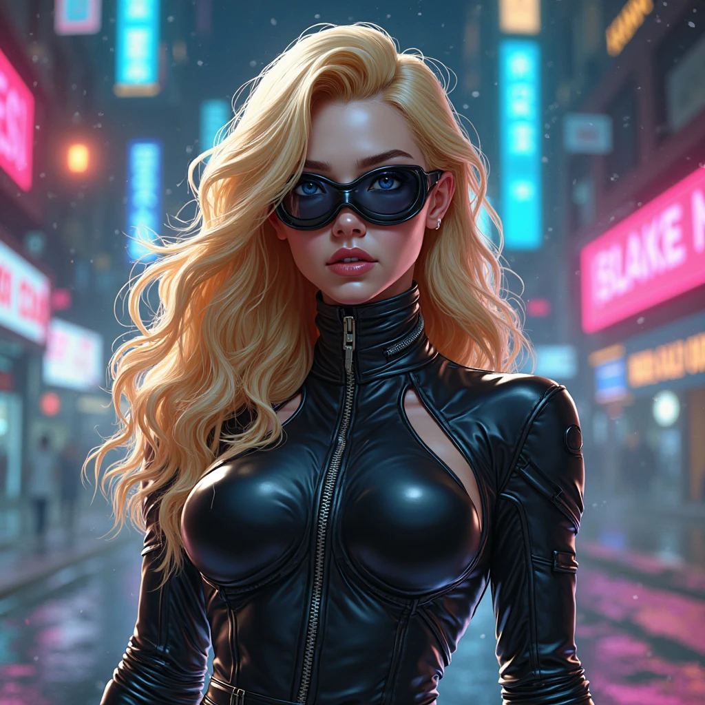 Create an image of the Android 18 character, with her iconic features, blonde hair and blue eyes. She should be wearing black tights, matching her usual style. The pose should be dynamic and expressive, reflecting her confident and strong attitude. Be sure to capture the essence of the character, including her detailed look and striking presence, anime styling."