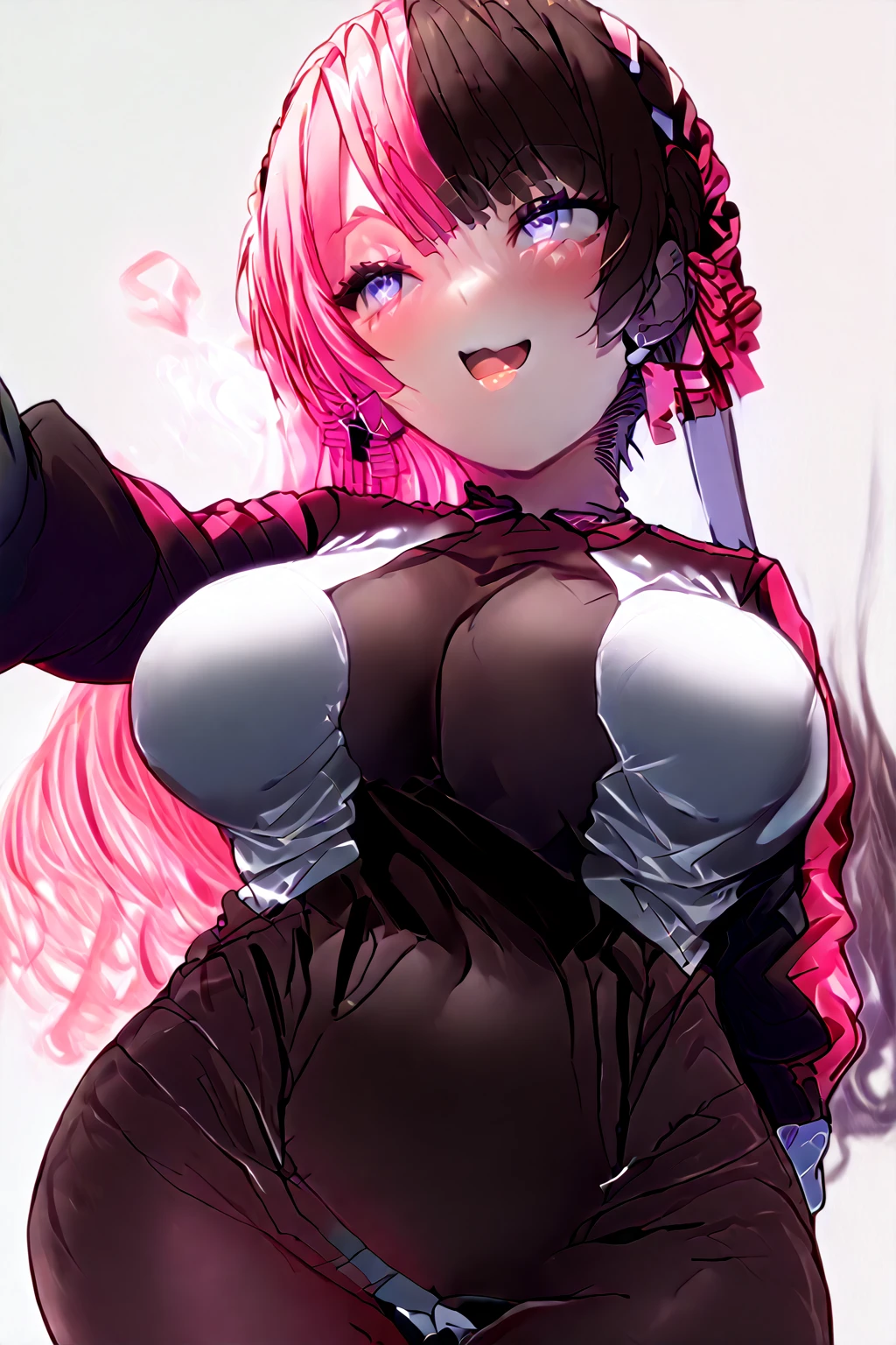 (best-Qualit, 8K, 12), 1 girl, makima \(chainsaw man\), giant breast, the perfect body, ultra detail face, detailed lips, ahg rolling eyes, (Sagging breasts, Bewitching body: 1.2), Huge breasts wrapped in skin-like bikini bras leak out,Has a deep V oversized bust,Belly leaking,Wearing a thong, the same color as the skin, you can see rich black pubic hair,The rope at one end of the panties is cut,Leakage of the ,White pulp flows out of the ,Untie the knot of the thong with one hand,The other is just to untie the knot of the bra,Super full and firm huge breasts, visible curves,full body1:1
