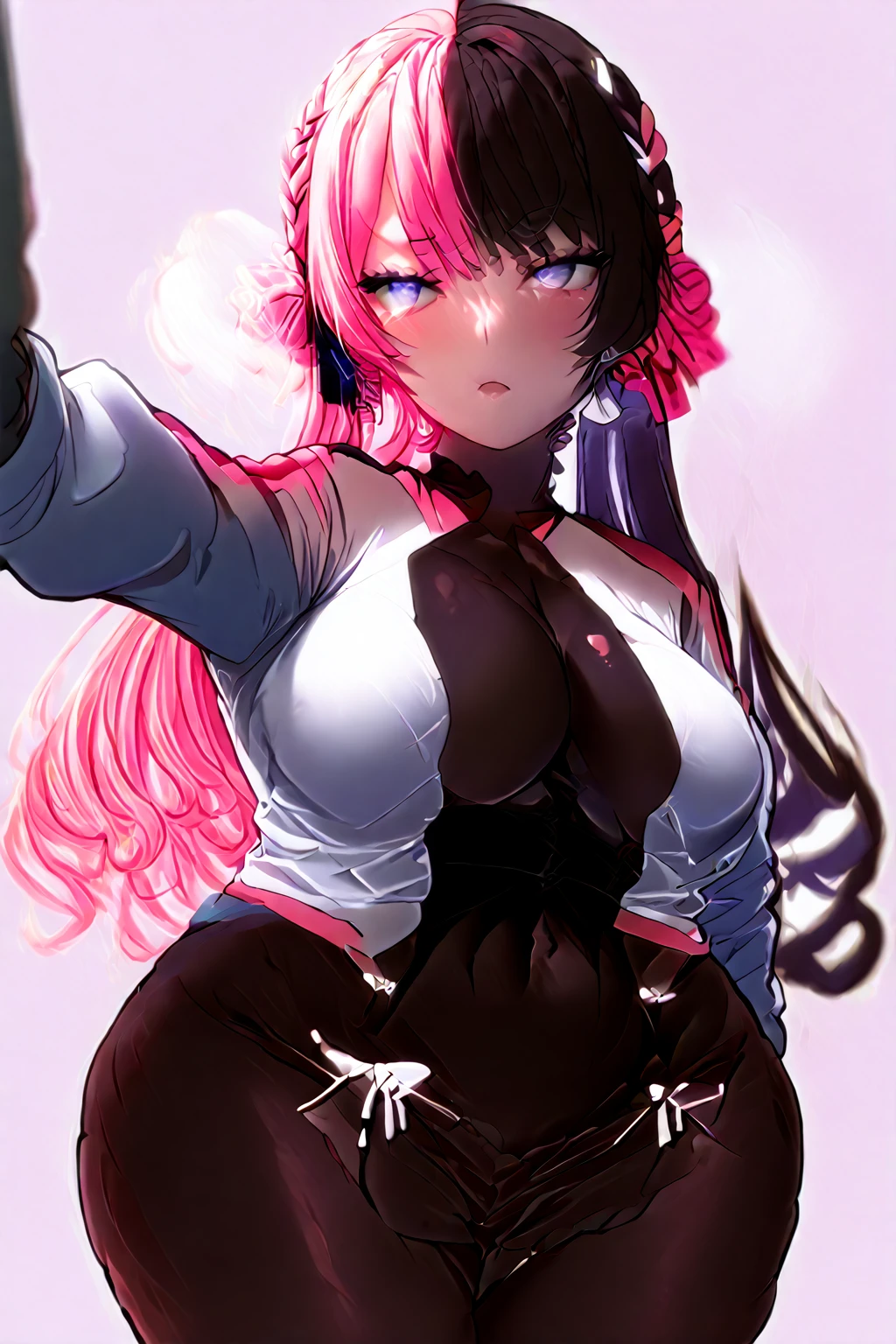 Anime style,Cover your chest, tear your clothes with a short skirt, and wear torn black silk,The expression is shy