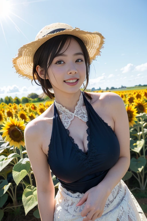 ((Highest quality)), ((masterpiece)), (detailed), (Japanese),12 years old, Black Hair,(Childish face), (Straight Hair), Girl , big Breasts, ,(Naked), ((Blue eyes)),half-smile , Sunlight, from_Side, arched back, (from_behind) ,upper body,Cosmos field ,Sunflower field ,(Naked Apron),Frill apron,
