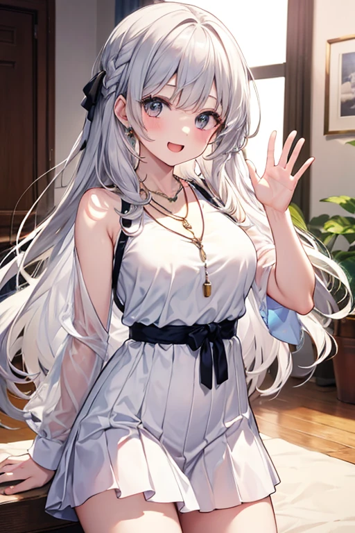 ((masutepiece)), ((Best Quality)), (Ultra-detailed), ((kawaii)), Cute, (lovely), ((Sexy)), (Ero), ((Extremely detailed)), 4K, (8K), Best Quality, (Beautiful), Anime style, Dynamic Angle, Upper body, from below looking up, full body focus, Western-style room, sofa, morning, Cute little girl s, 1girl in, Solo, (((undergarment))), (((Marl))), Beautiful light brown hair, Beautiful purple eyes, ((Beautiful eyes)), White-skinned, Long hair, Transparent hair, translucent hair, large full breasts, Necklace, lightsmile, Lens Flare, shiny-glistening, gleaming