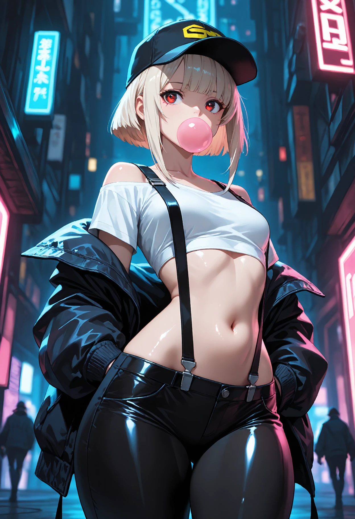 Anime Kawaii sexy Perfect Slim sensual body large breast and huge thighs, An intricate and highly detailed illustration of anime (Young girl) 8K,Ultra Detail,ultra-quality,ultra precision,ultimate masterpiece,GAL,big ,big Thigh,white leather jacket,jeans,twin tail(blond&pink mix),cool Graffiti on the wall,Cyber punk street,
