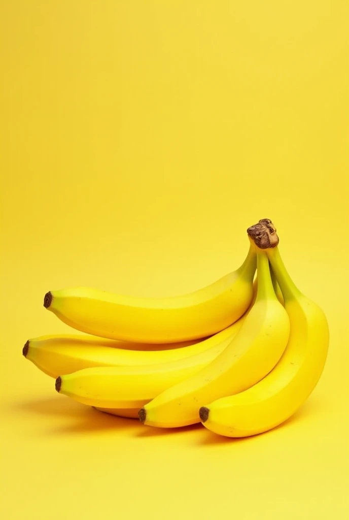 a realistic image of a banana bunch on a yellow background. The bananas should appear medium ripe and ready to eat, with no deformities. The photo should be taken with a Nikon Z7 camera and a prime 80mm lens, using an aperture of f/8 and a shutter speed of 1/125. The image should be well-balanced in composition, following the rule of thirds and the golden ratio. The lighting should be natural and use daylight white balance. The photo should be sharp, well-lit, and high-resolution. Please ensure that the bananas look good, natural, and are displayed in a way that is pleasing to the eye.
