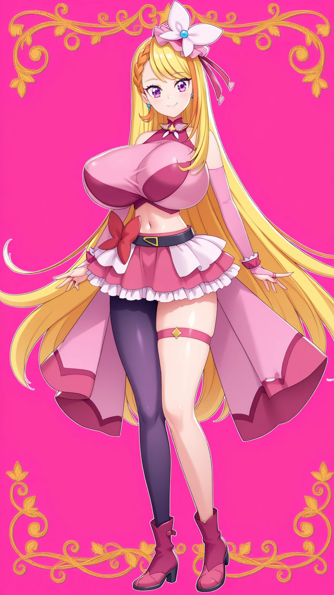 (8k,Highest quality,Official Art:1.5,Official Art),(Watching the audience), alone, smile, ((Knee Socks)),(Browsing Caution), (Beautiful big boobs: 1.2 (Pussy), (((Very thick thighs))),Wide Hips, Beautiful thick thighs, Beautiful huge natural breasts,(standing in honor),(Take off:1.5),Beautiful Hair, Beautiful Face, Beautiful and beautiful eyes, Beautiful clavicle, Beautiful body, Beautiful legs, Beautiful fingers, (Beautiful views),smile),((front view:1.5)), (((No pants, Genitals are visible))),Bangs straight,blue sky,(Cure costumes:1.2),(((((((Pussy in full view/Marujo))))))),(((She is showing you her pussy))),1girl,difficult,