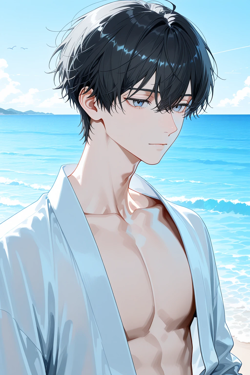 a boy, in the beach, no shirt