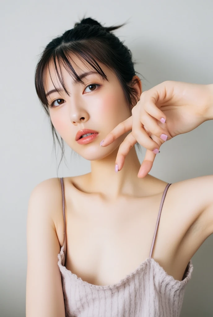((cute日本の女の子、Beautiful Japanese Girl、1 Girl、clear、19 years old、ponytail、Highly detailed faceと肌の質感、Sophistication、Highly detailed face、Highly detailed eyes、Lee Hong、blush、cheek、ピンクのcheekを塗ったcheek、Woman close up、Breast augmentation、frontを向いている顔、frontを向いている体、looking at the camera、front、cute、Smooth white skin、Transparent to the touch、))、(Dark brown hair、bangs)、Beautiful woman with perfect style：1.4、Japanese Model、Young Gravure Idol、若いcuteグラビアアイドル、Realistic Young Gravure Idol、Sophisticationされたグラビアアイドル、((Highest quality、8K、masterpiece:1.3、１photograph))、(4K、RAWphotograph、Highest quality)、(Realistic、フォトRealistic:1.37)、Put someone behind the screen、Natural light、Micro Bikini、Sexy pose、I can see your thighs