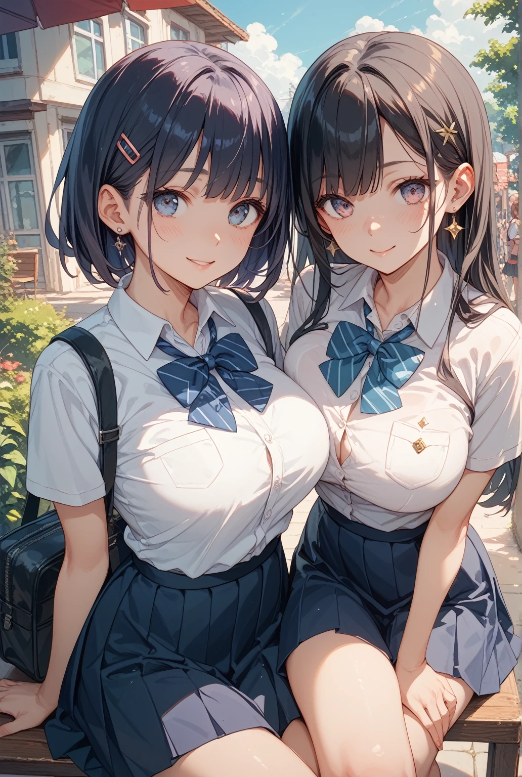 (looking viewer:1.5), 2lady(different hair style and clothes color),  ((ultra-quality)), (Bukkake:1.5), (side view), (in 8K), (arms behind back:1.5), ultla highres, Hyper Detailed, High contrast, Ultrafine Strike, creative refinement, absurdres, Realistic, extremely detailed CG unified 8k wallpaper, Highly detailed, High-definition raw color photos, professional photograpy, Realistic portrait, Cinematic Light, Beautiful detailed, 28 years old woman, (realistic skin:1.3), (shiny skin), (Best Quality:1.4), Super Detail, High quality, ​master piece, lifelike, (After SEX), Bukkake, Perfect face, (cum on chest:1.3), (Bukkake:1.3), (cum on body:1.3), (Sharp Focus), (upper body), (close up), Delicate Beautiful Hair and Eyes and Face, Delicate eyes, radiant eyes, Lifelike, Hyper-detailing, (Wearing a dark sailor uniform:1.3), (school costume), (dark sailor costume), (no tie), (Sheer), (colossal breasts:1.6), (large breasts:1.6), (Beautiful breasts:1.5), (covered breasts:1.5), (arms behind back), Beautiful cute woman, camel-toe details, (SFW), wet clothes, pale black eyes, (dark bob hair), (asymmetrical bangs),