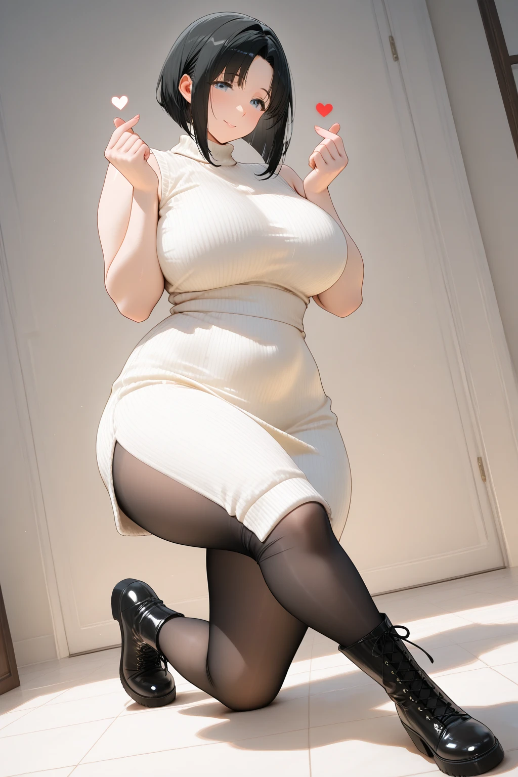 ((Best Quality)), ((masterpiece)), (detailed), 1 girl, with tight black dress, ((crossing legs)),((sitting)), white panties, big breasts,wavy fur,looking at the viewer,((Whole body)),((views)),((view from below 