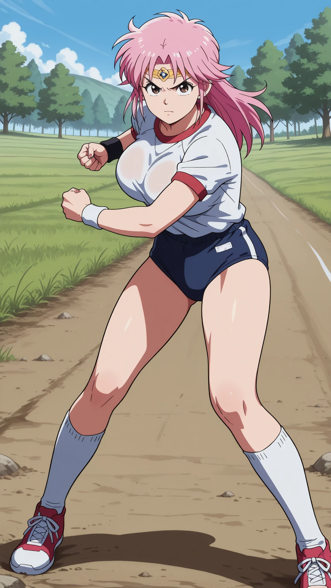Maam in a fighting pose, one woman, pink hair, long hair, circlet, serious expression, white short-sleeved gym uniform on the upper body, large breasts, no bra, the tips of the breasts are pushing up the clothes, navy blue buruma with white lines on the lower body, white short socks, red and white sneakers, location is on a road in a grassland, dirt, grassland, trees, blue sky,