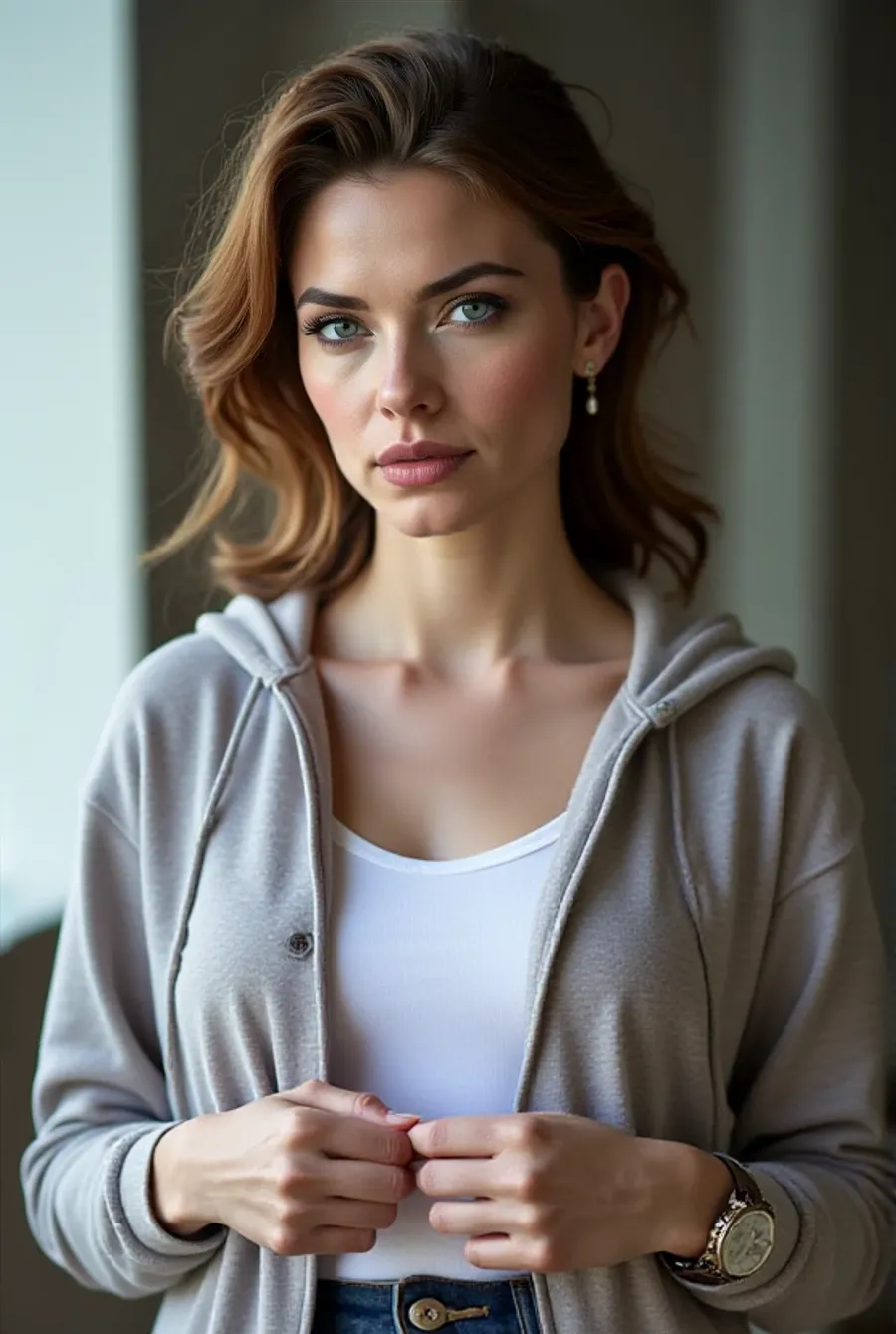 beautiful woman (4pr1lB0wlby:.99), perfect hair, jewellery, ((portrait)), (closeup:1.2), ((from the waist up)), ((( A high-end jewelry store, featuring sleek display cases and modern lighting fixtures :1.2 ))), natural skin texture, (( hoodie :1.2)), 24mm, 4k textures, soft cinematic light, adobe lightroom, photolab, hdr, intricate, elegant, highly detailed, sharp focus, ((((cinematic look)))), soothing tones, insane details, intricate details, hyperdetailed, low contrast, soft cinematic light, exposure blend, hdr, faded, now, ("I've got a bad feeling about this.":1.1)