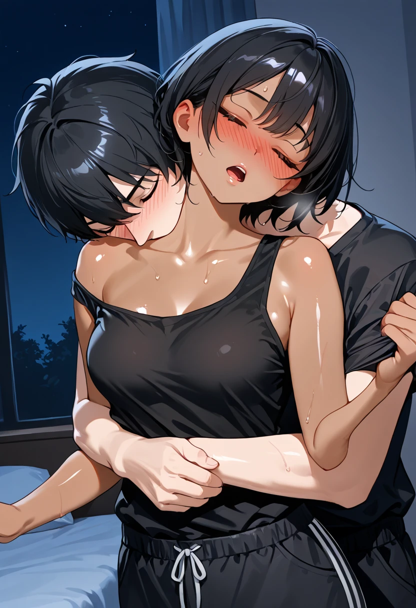 adult mother 50 years old, in one removed bra at home, has sex with his little son, son looks surprised, mother hugs her little son. son inserts penis into mother's crotch.