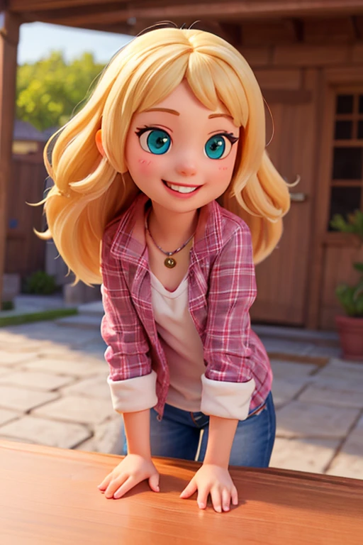 A 4-year-old girl with golden hair and bangs, fair skin, big blue eyes, a round face, small lips,Laughing, with dimples on her cheeks
wearing a red plaid dress