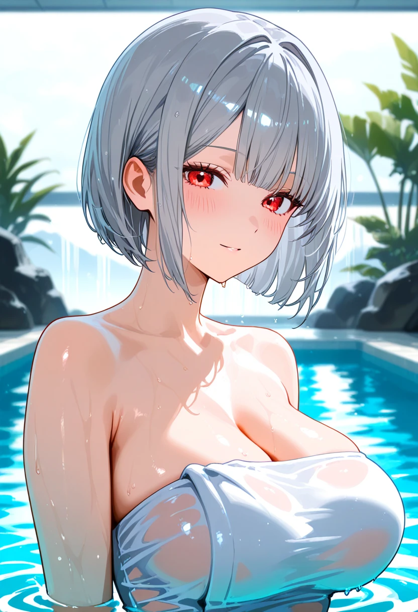 Best image quality、high quality、18-year-old、1 girl, masterpiece,A woman relaxing in a hot spring,Towel naked、glimpse under、Nipples、Soak up to the shoulders、,Looking up at the moon、A satisfied look,Beautiful light of inspiration,Elegant water flow,Calm atmosphere,Quiet and calm background、Feet out of the water、Crossing your legs、Take only your Feet out of the water、Parts of the body are not visible in the water、Moonlight, Perfect lighting, 、Bokeh, Depth of written border, Blurred Background, Senzoku Nishikigi、Short blonde bob、Red eyes、