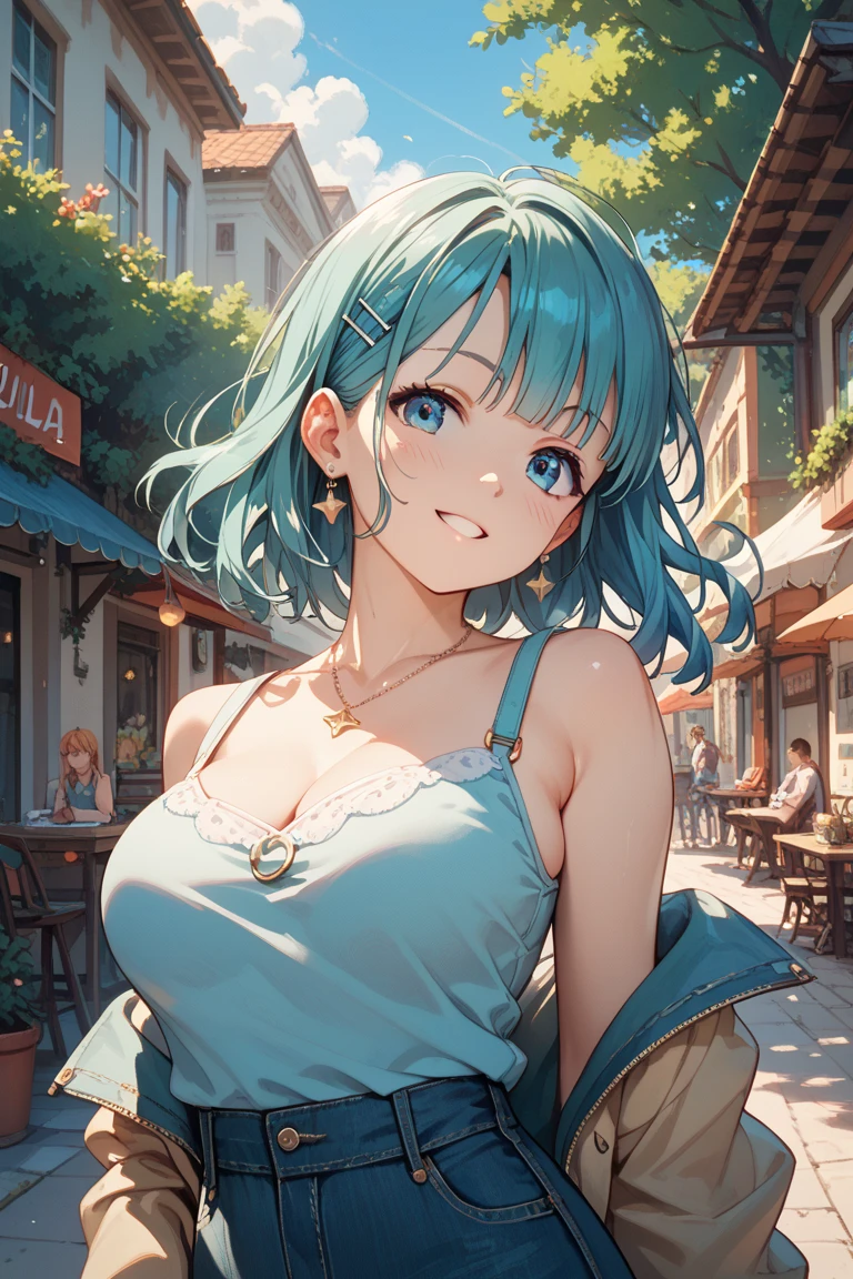 ((Highest quality)), ((masterpiece)), (anime), Beautiful and sexy woman walking down the street in a short skirt, Blouse and high heels, blue eyes, Green Hair, Smooth Skin, Cleavage, ((whole body)), (City Settings, urban environment), smile, Exposing shoulders, anime, Green Eyes, Maomao, Under the street lamp, Sunset dusk,4K Manga Wallpapers, きれいで詳細なanimeアート, Hiro Yamagata, Makoto Shinkai. Attention to detail, in style of Makoto Shinkai,