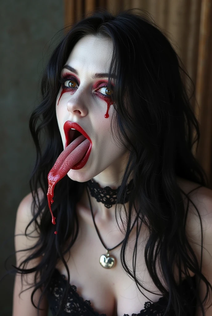 Generate a hyper-realistic image that employs the shallow depth of field technique, Head and sholders portrait to highlight a pretty goth (((vampire))) girl, ((open mouth with vampire canine teeth)) , ((blood dripping from mouth)), ((angry face)), perfect teeth, wearing a gothic dress, ((cut hair with fringe)), tattooed, ((heavy makeup)) , at ((night in a creepy cemitery)) setting, (((under the moonlight))). The girl should be the focal point, with crisp clarity, while the background of the forest should be gently blurred to create a bokeh effect. (((black roses In the foreground))) should be visible but blurred, adding depth to the composition.", adding depth to the composition. Sony Alpha A7R III, macros lens , f/5.6. ((Cinematic purple and pink Lighting)) .