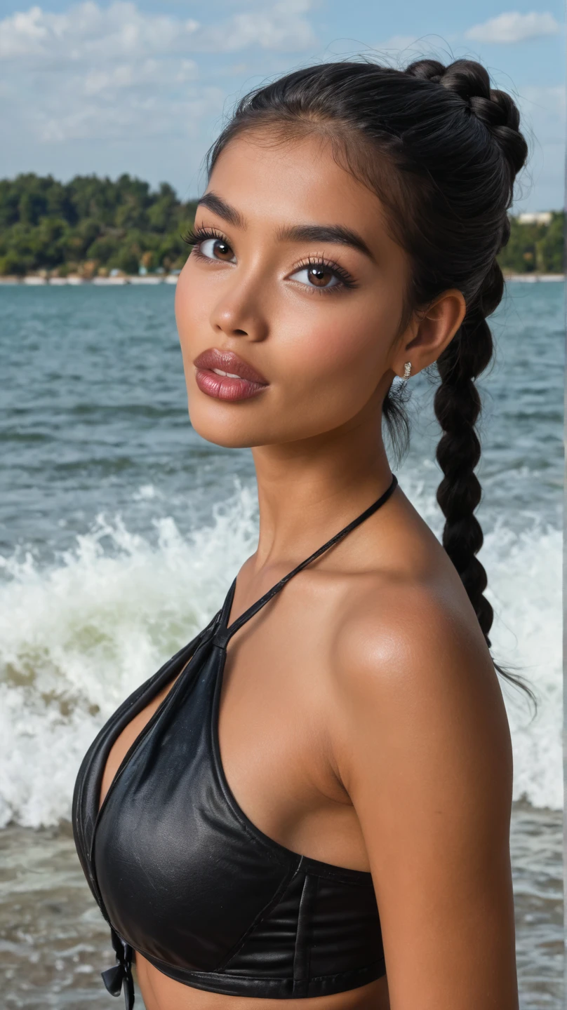 (corpo inteiro), ((mulher se banha em uma piscina de um iate)), ((mulher musculosa), ((Ela tem seios perfeitamente moldados)), (small head), ((Rosto detalhado)), (fotorealistisch), (ray tracing), (foco nítido), ((textura natural realista da pele)), ((grande )), ((long black hair with two braids))