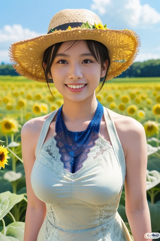 masterpiece, Highest quality, Very detailed, sexy, On the Farm,Wearing a big straw hat、Naked and wearing a micro mini swimsuit、Blonde woman, (Very young breasts:1.4),(Very small breasts:1.4),(Very young face and body:1.4),Ahegao Orgasm Double Peace,