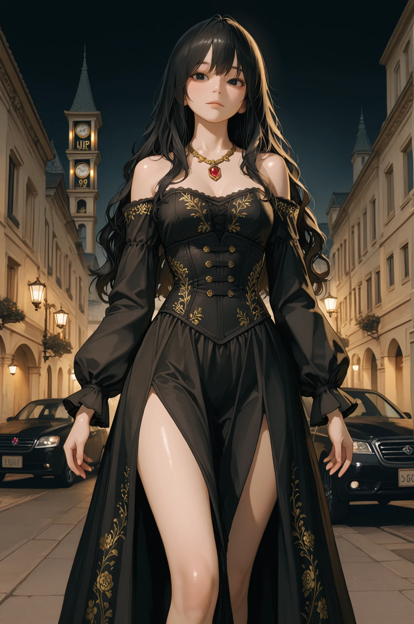 full body,1girl,rabbit ears,long dress,long hair, hair ornament,black background,characters are full of composition, ((perfect female body)), solo,(immersive atmosphere, chiaroscuro:1.5,bright light:1.2,luminous lighting) ,,(blush:0.5),seductive expression, purple eyes,thick thighs,large breasts, beautifully detailed background,depth of field,realistic:1.3, long shot