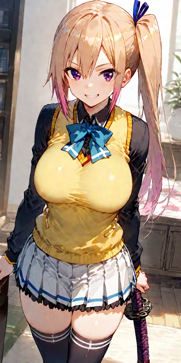 masterpiece, (best quality), 1woman,1girl ,1boy,,kawakami_mai,    blonde hair,  long hair, side ponytail,  purple eyes, sweater vest,  ,   skirt, large breasts,ribbon, hair ribbon, mole under eye,sexy woman, embarrassed,blush,    vibrant colors ,,natural lighting  ,RTX,  , beautiful, (detailed face:1.2), showcase, (perfect eyes:1.1) ,(photorealistic:1.1), 8k uhd,  looking at viewer, outdoors,  simple backround,blush,nipples