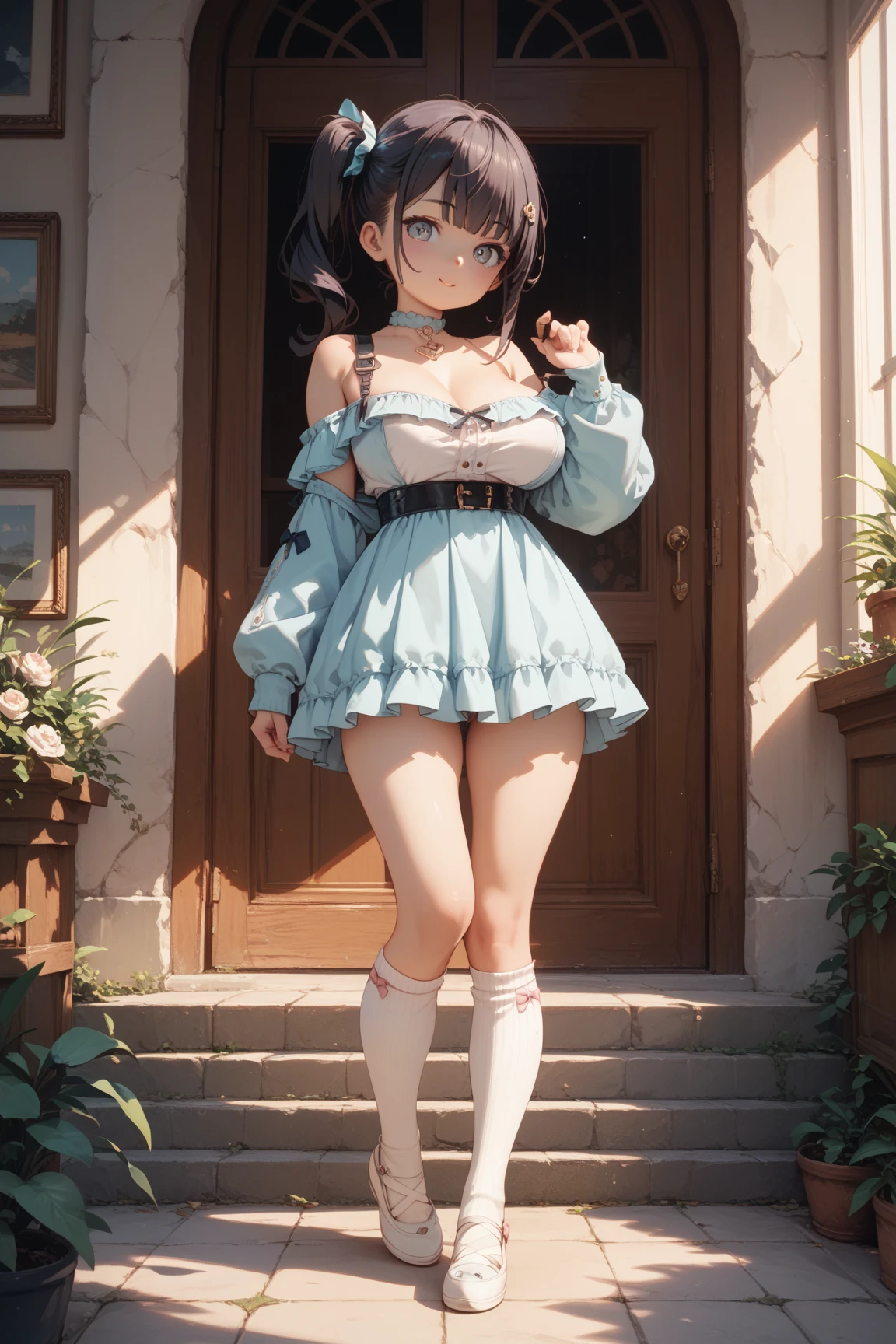 Anime girl with dark bluish hair in bermuda jeans and a latex corset, 16 years old, beautiful body, big breasts, with her hands on her waist, hands in her hair, Sexy girl, bluish hair, side strands of hair with a pink bow, strands of hair with a bow on the side of the face, beautiful lighting, soft shadows, brown eyes, beautiful toned legs, short hair, anime style, hand on the waist, hand in the hair, character Akane Tendo, Author Rumiko Takahashi, Based on a work by Rumiko Takahashi, Anime Ranma 1 / 2, sexy cleavage, robust hips, full body, full body, big bust, young girl with nice and beautiful body, sandals on her feet, girl 16 years young, wearing bermuda jeans and latex corset, anime girl, anime style, beautiful feet in sandals, 45° viewing angle, outdoors, big breast, beautiful breasts, black hair, sandals on feet, beautiful legs, sexy, beautiful legs, Sandals, big breasts, full body, full body, feet with sandals, big bust