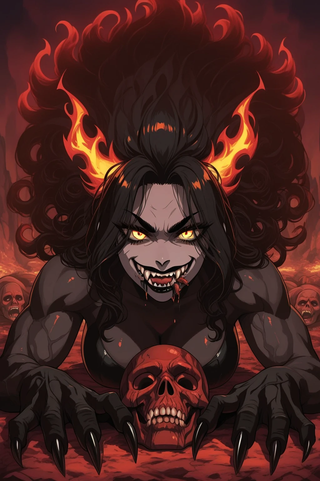 solo, female, sfw, medium shot, long hair, messy hair, black sclera, red eyes, wolf ears, wolf tail, sitting, black panties, grey skin, abs, underboob, large breasts, short t-shirt, collar, smile, fiery eyes, muscular, scars, paw hands