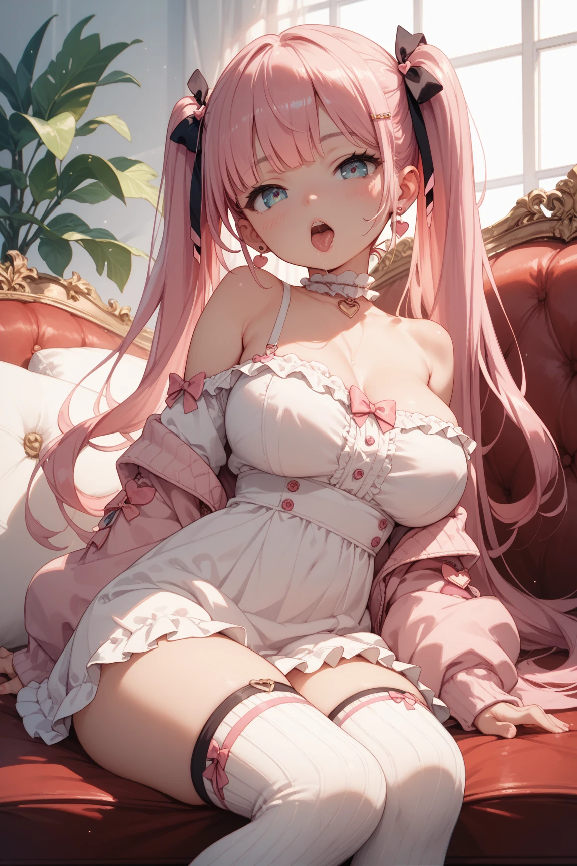 (Masterpiece, BestQuality:1.3), (ultra detailed:1.2), (hyperrealistic:1.3), (RAW photo:1.2), High detail RAW color photo, professional photograph, (Photorealistic:1.4), (realistic:1.4), (Pink Hair:1.5), professional lighting, perfect anatomy, (Big Breasts:1.2), (blush, detailed face), (A happy smile:1.7), sexly, erotic sexly, Random sexy gravure poses, (A beautiful woman wearing a white lace bustier and shorts、Lying on the bed, flapping her hair back sexily。Pearl anklets decorate the ankles。:1.3)