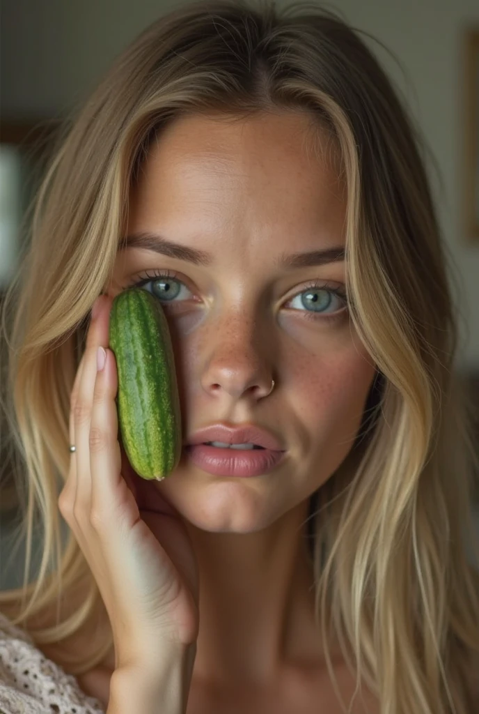 Create a realistic character, feminine, with straight blonde hair, greeneyes, cucumbers on the cheeks, with a tank top showing the belly in the tone of gold.