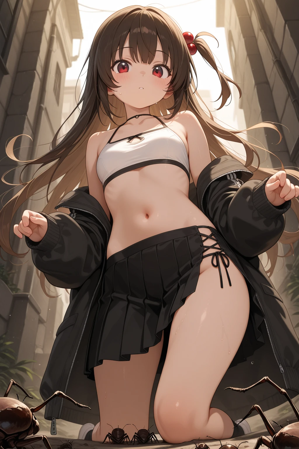 Detailed image of a loli, Light brown hair long and loose aesthetic tousled, red eyes sharp and seductive, Beautiful face, smiling, full lips, wolf ears, with earrings, medium breasts, blushing eyeshadow, long thick eyelashes, posing sensually, dressed only in a low-cut sweater, small waist, wide hips, large round buttocks, beautiful thick bare thighs, view from behind, shallow depth of field, volumetric lighting, Shadow Enhancement, Detailed cityscape, Shoulder blades (Highest quality, Amazing details: 1. 25), (only: 1.3), Bright colorful paintings.