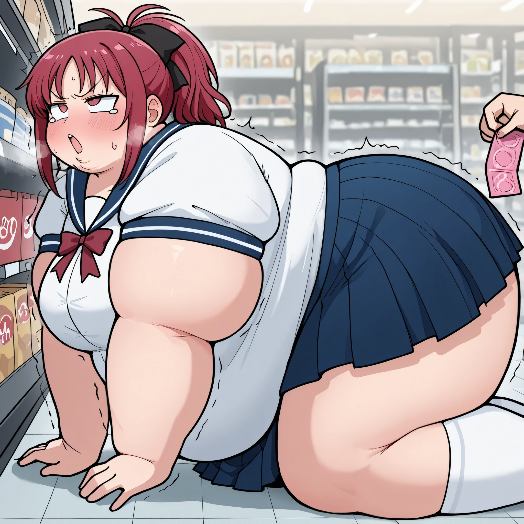 ohogao, puckered lips, trembling, tearing up, v-shaped eyebrows, rolling eyes, open mouth,a girl,, ハイカットレオタード, white collar, blue skirt, white kneehighs, white shirt,, buying condoms, fat, chubby, obese, gigantic arms and legs, large breasts open mouth, out of breath, Kyouko sakura, red hair, red eyes, ponytail, , all on fours, from side,