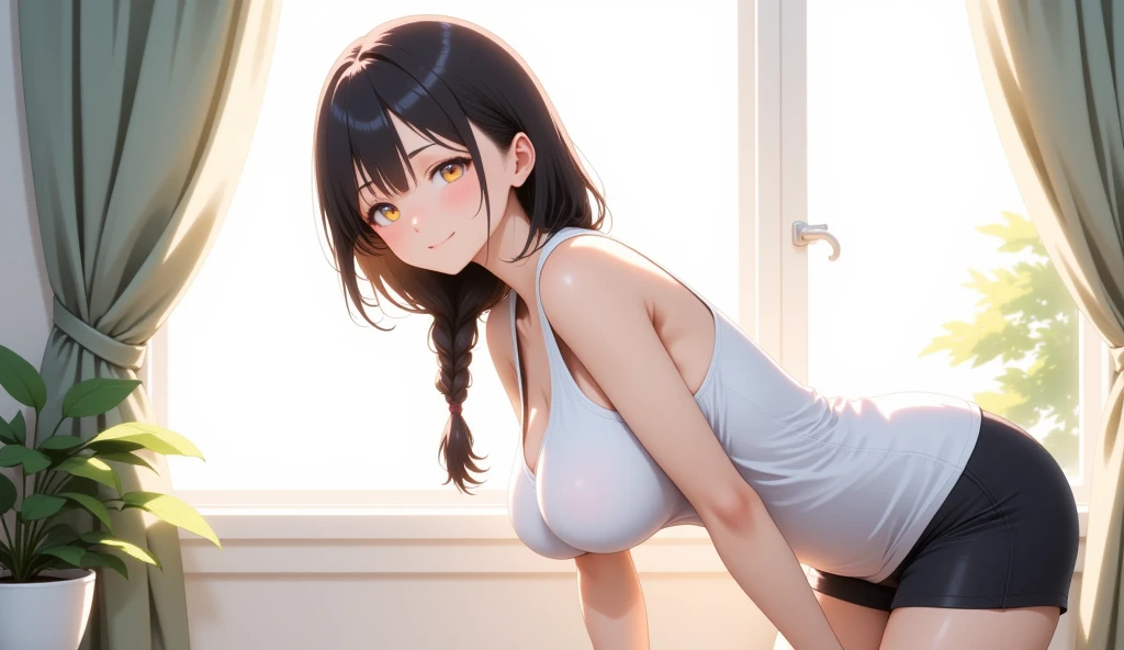 super high quality, ultra high resolution, hyper-detailed, high contrast, ultra fine strike, creative sophistication,black hair,living room,smile,cleavage