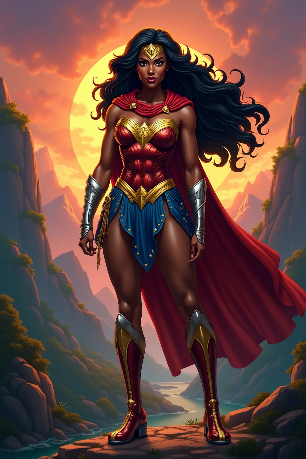 A beautiful black-skinned woman with black hair Afro Dreadlocks under the cloak of the Amazon warrior Wonder Woman in leather and red corset and light blue pants with stars on leather long red boots up to the knees Diaema Wonder Woman on her forehead