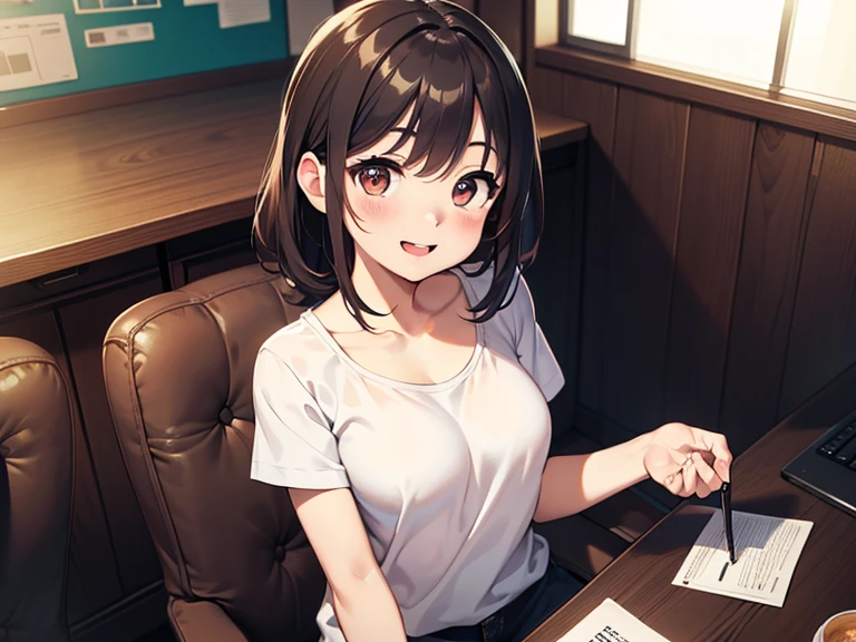 woman、front、Notice、Dissatisfied look、Looking up、Brown Hair、Bobcut、Black Bra、shirt、raise your index finger