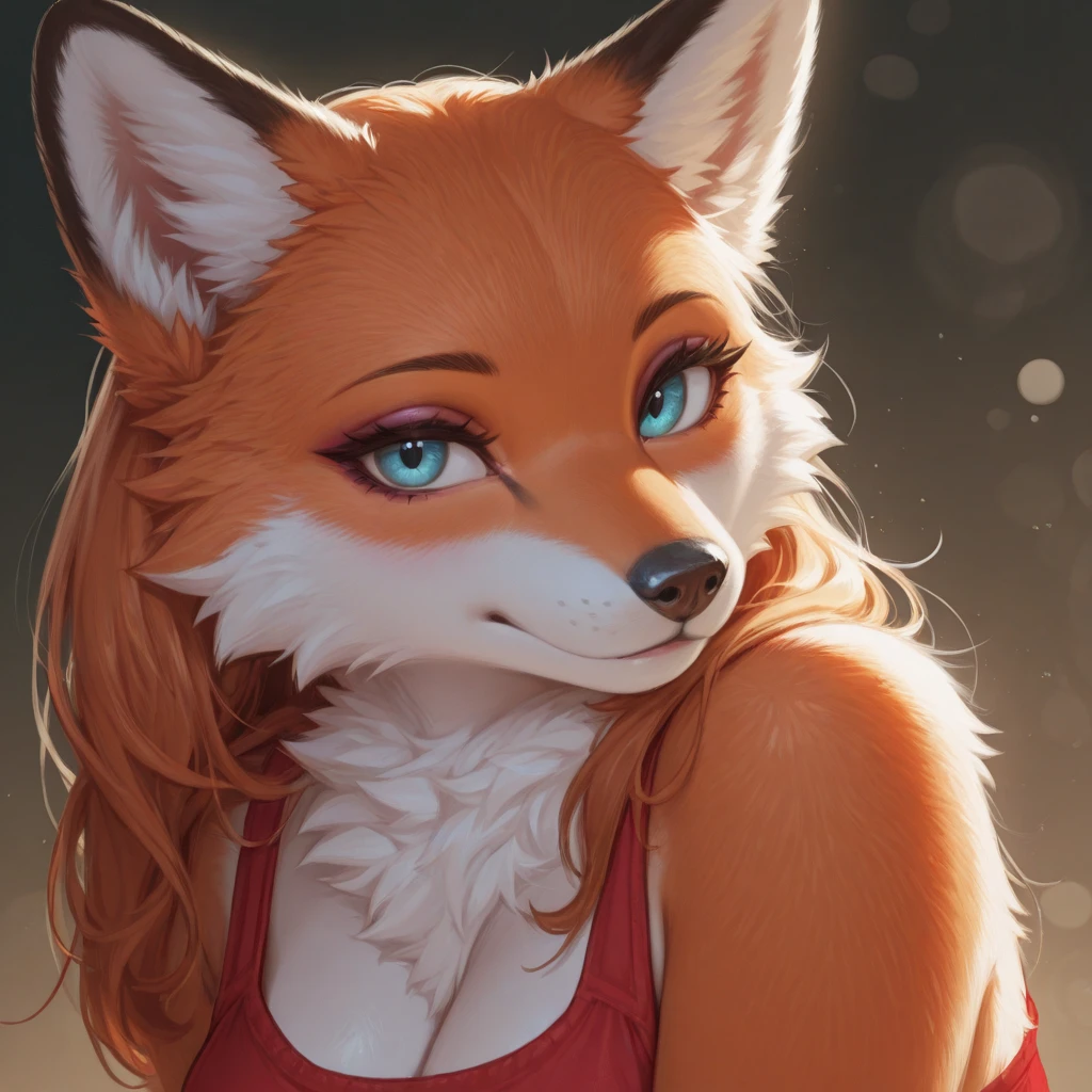 Best quality, furry male fox with green eyes, with brown long hair, with black spout, with red lipstick on lips, big lips, in a women's bikini, crossdressing, smiles sweetly, shows off her hairy sweaty armpits, sexy pose, standing in front of the entrance to a nightclub