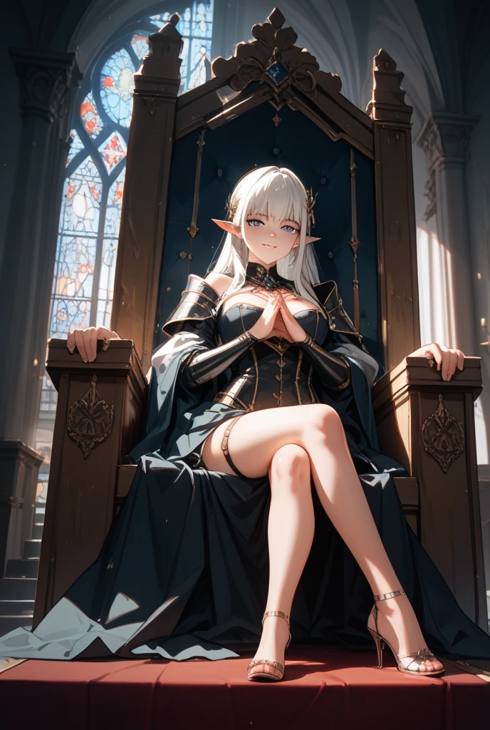 masterpiece, ultra detailed, 8K Portrait, Raw photo, a portrait photo of girl, Highly detailed face, beautiful and meticulous eyes, ((Fantasy)), (elf:1.0), 1woman, 30 year old, gray long hair, brown eyes, (melancholy expression:1.2), tiara, skinny, (ultra thin transparent silk cloth), hooded long white coat Fluttering in the wind, ((bare foots)), Midday Sun, Hyper realistic, out of medieval castle in the sky, sitting on the throne, Ambient lighting, Shadow details , strong breeze, Light fog