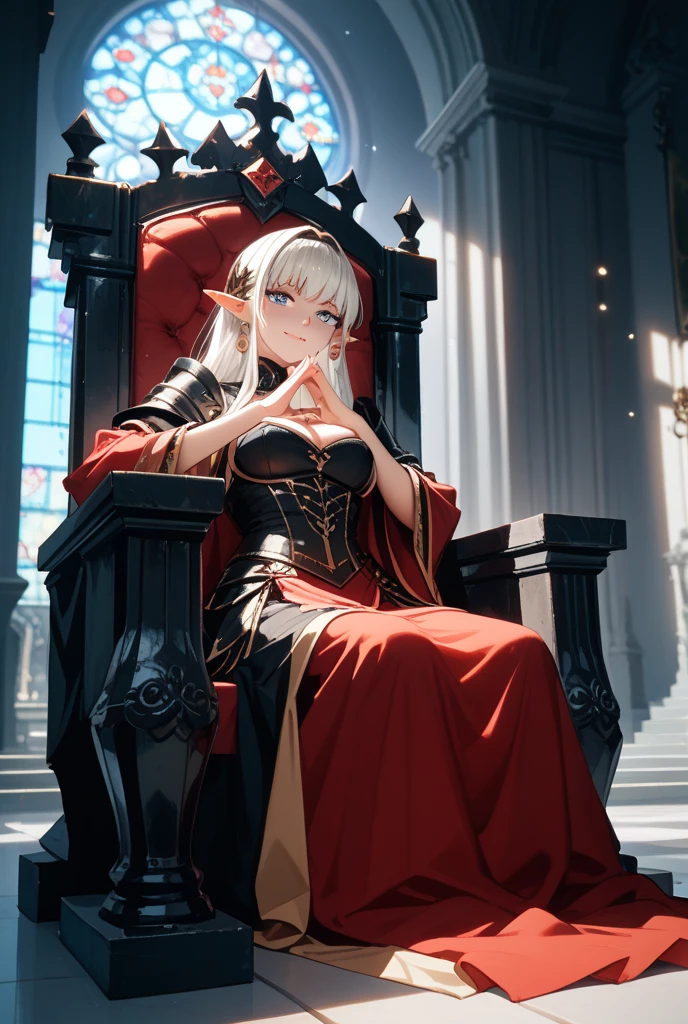 (a masterpiece of digital artwork with the finest quality and finest details:1.2),(an elaborate and stunning portrayal of an elf queen with a smug expression and piercing red eyes),(sitting on her throne under dim lighting, evil intentions flickering across her face), her crown glinting in the shadows.