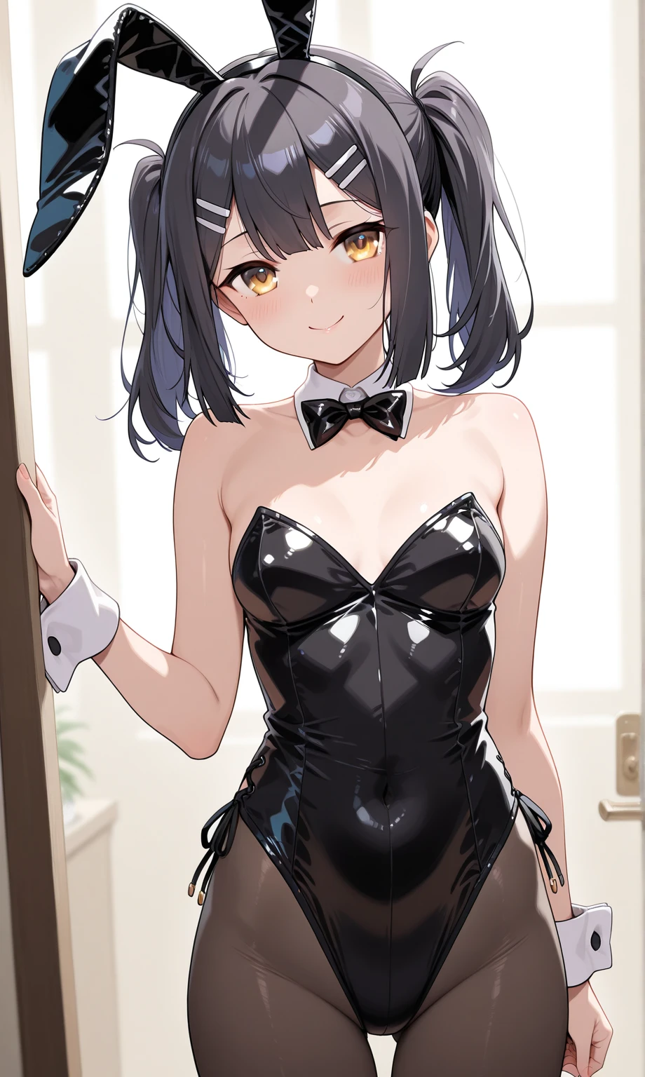 (​masterpiece、top-quality:1.2)、cowboy  shot、独奏、1girll、Shihoin Yoruichi、A smile、see the beholder、long pony tail、((bunnygirl))、(Leotard)、(pantyhose)、Brown-skinned、Provoking poses