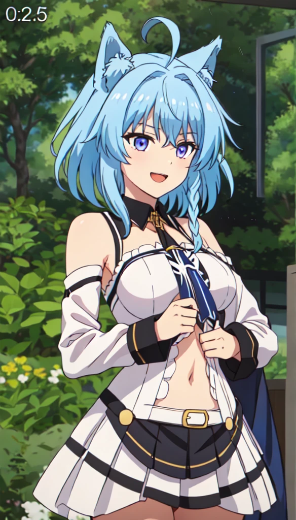 all realistic intricate details, cowboy shot, masterpiece, best quality, highres, rem1, 1girl, solo, rem \(re:zero\), blue hair, short hair, red eyes, hair over one eye, ribbon trim, hair ribbon, x hair ornament, frills, crop top white, denim shorts,medium breasts, cleavage, sedection pose , hair flower, outdoor, standing, smile, perfect background, perfect light