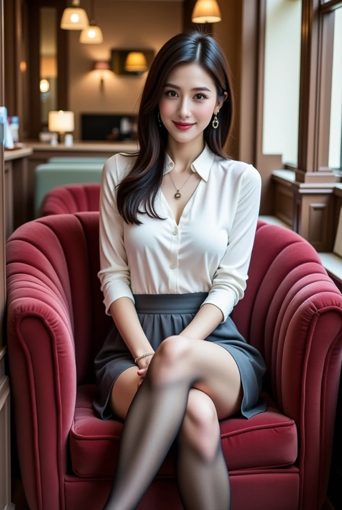 Tabletop, highest quality, figure, Very detailed, In detail, High resolution, 8k wallpaper, Perfect dynamic composition, Beautiful fine details, Brown Hair、Big 、business suit,short hair,Natural color lip, Sit on a chair and cross your legs,smile、25-year-old woman,Red Eyeshadow,Wearing black tights,