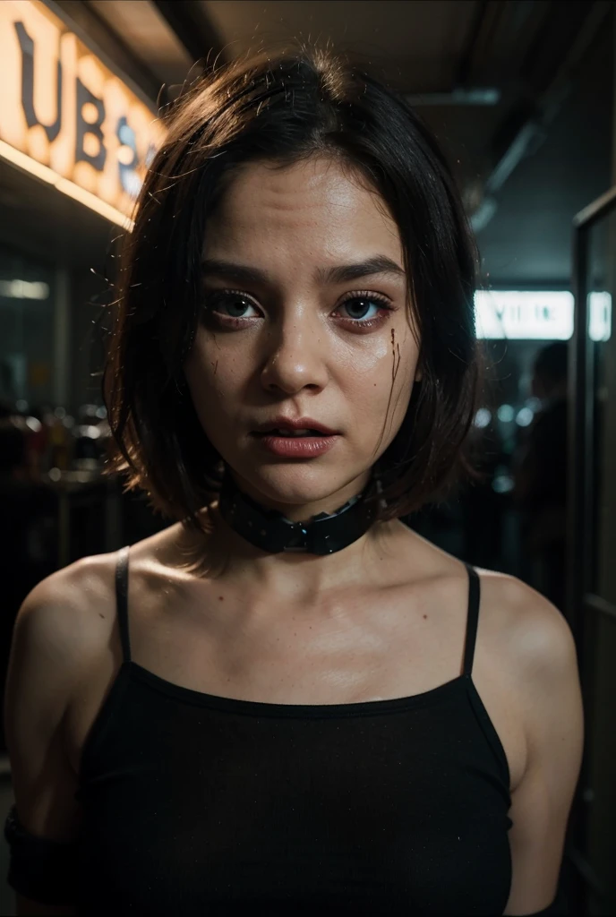 1 young girl, blonde hair, crop top, flat chested, 18yo (best quality:1) , (masterpiece:1), (ultra detailed:1), photorealism, upper body, (looking at viewer:1.1), (indoors, night, darkness, dark room:1.2)
side on, short hair, choker, atmospheric lighting, moody and gritty, low key lighting
