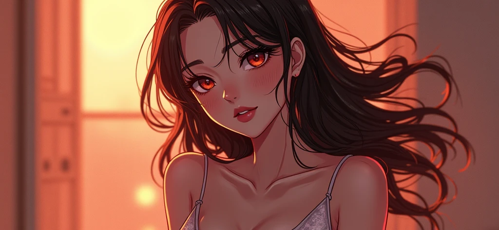 juder_style, score_9, score_8_up, score_7_up, score_6_up, score_5_up, score_4_up, hd, (ultra hd quality details), 8K, 1girl, long hair, Hourglass body, yellow eyes, black hair, yellow underlights, 2d illustration, wavy hair, forest