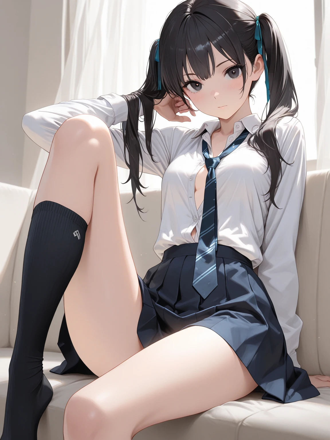 (1) ((A woman is rolling up her skirt,))
(2) Woman has beautiful legs; She was standing and、Full body diagram showing legs,
(3) The woman is wearing a gray sleeveless turtle knit and a black pleated miniskirt,
(4) The slightly exposed pants are light blue and have a flashy pattern.,
(5) The woman has medium-long brown hair., shining eyes, and provocative, grinning expression,
(6) The location is the living room of the apartment.,
(7) highest quality, High resolution, realistic pictures, realistic skin,