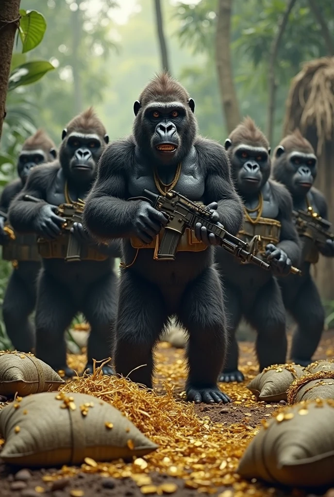 cinematic still, gorillas, smoking cigar, in ((camo uniform)), machine gun, in jungle <lora:Dressed animals:1>
