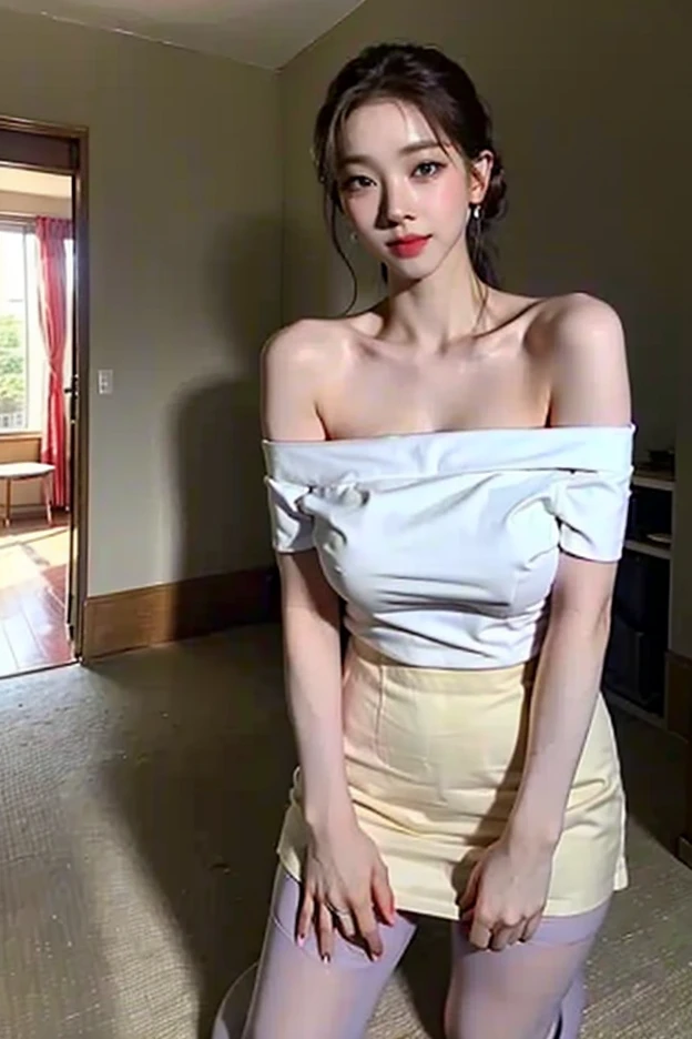 ((top-quality、8K、masterpiece:1.3))、foco nítido:1.2、(realisitic、Photorealsitic:1.37)、((A smile))、Feet to the viewer、Feet in front of the audience、((Brown pantyhose:1.3))、Beautiful Face Woman、32years old、pointed chest、NSFW、long eyeslashes、Colorcon、Big 、delicated、Very detailed eyes、Highly detailed eyebrows、(Sharp Eyebrows)、(Thin eyebrows)、very vey very detailed face、((Brunette short disheveled hair)),Erect ,Clothed、thong、((( Upper body naked)))、frombelow、Laundry room、Detailed background(8K、masterpiece、top-quality、Raw foto) 、((NAKED Apron)),((Very short skirt in white)),(((Hang the laundry to dry))),Long legs