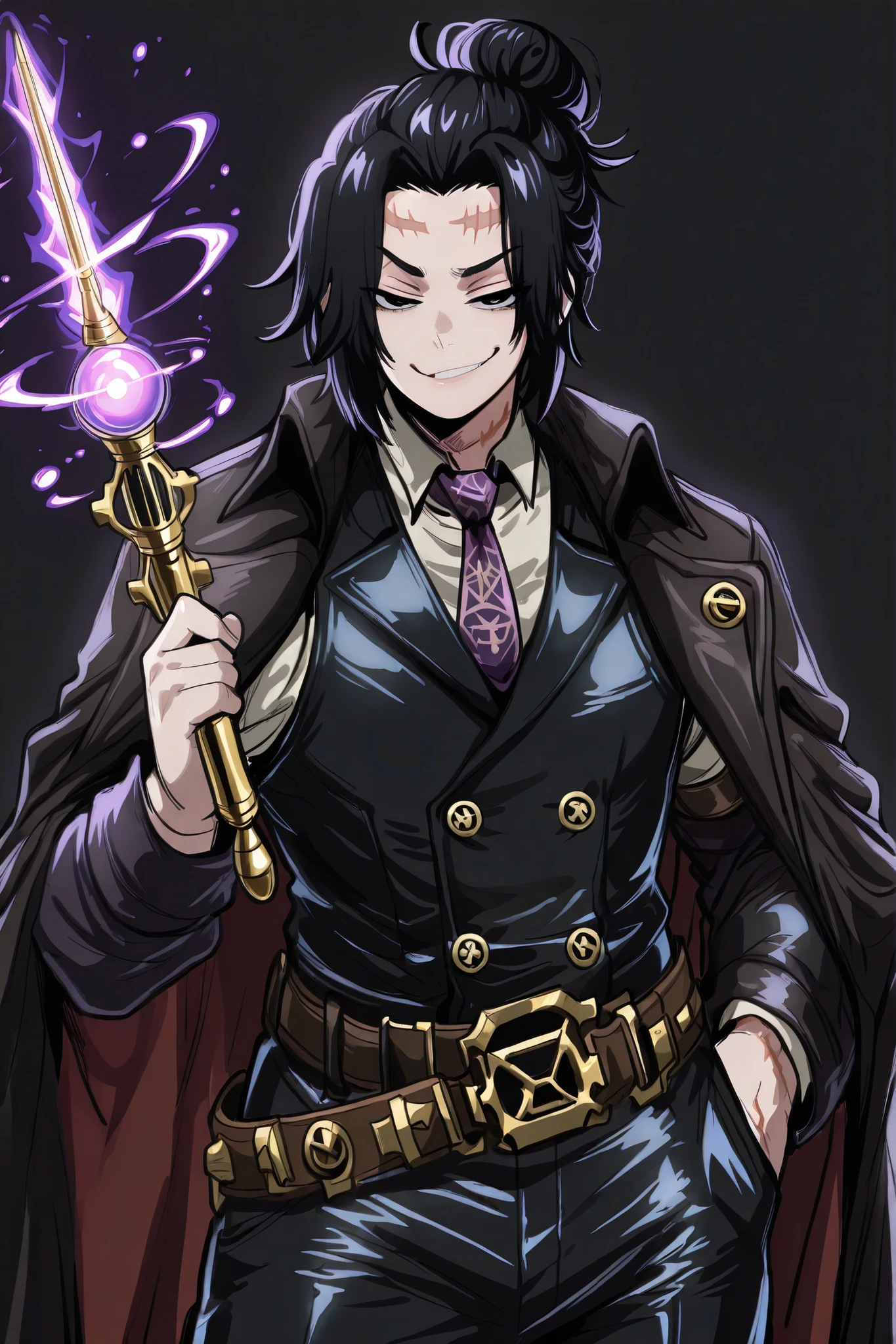 kurenaiz, IllusP0s, masterpiece, ultra highres, best quality, arcane, 1male, male focus, solo, black hair, short hair, Half-Man Bun hair style, black eyes, small pupils, tiny eyes, black trench coat, flowing black trench coat cape, dramatic billowing coat worn as cape on shoulders, not wearing sleeves, black vest, shirt with purple tie, black-blue trousers, leather belt, magic wand on belt mount, elegant magical focus, slender magical instrument, decorative handle carvings, smug face, kenjaku forehead line scar, surgery horizontal line scar on forehead, simple background,