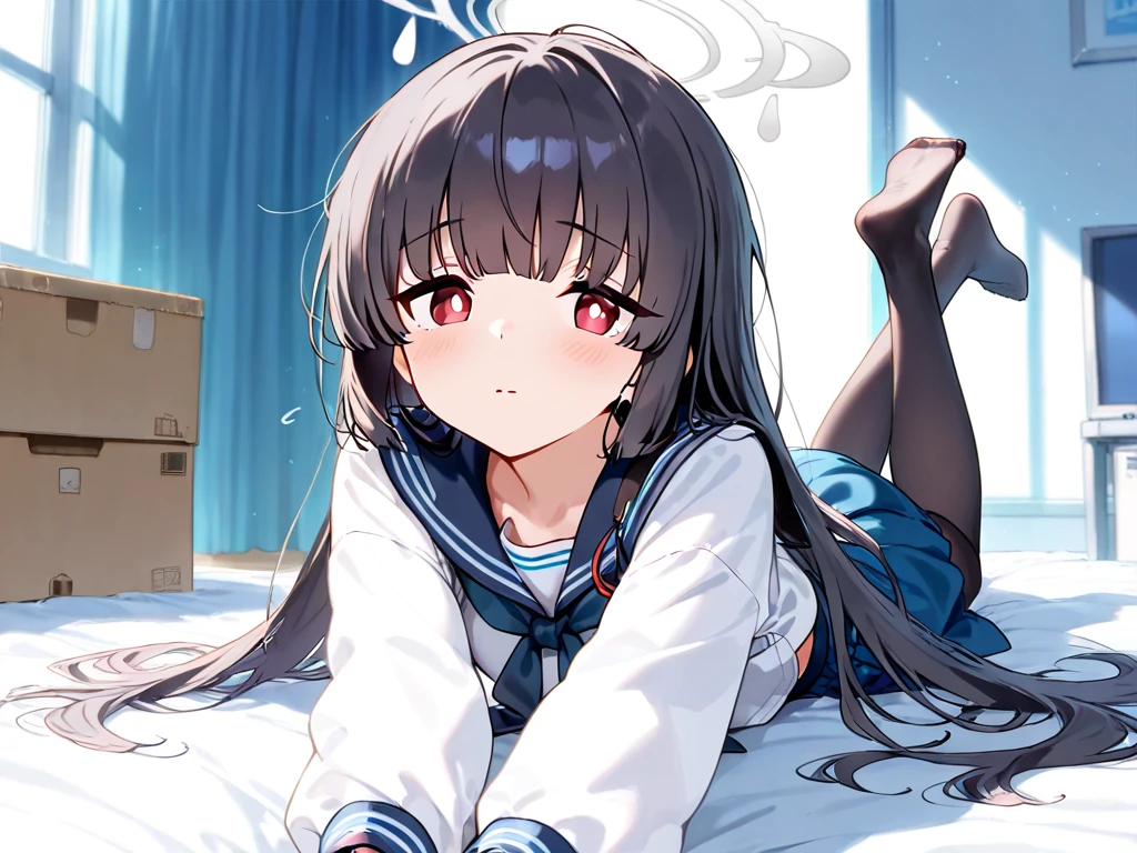 (8k、Best image quality、Highest quality、masterpiece)、Detailed face、 One girl、Black Hair、Long Hair、Grey Eyes、evil smile、Small breasts、((serafuku))、Long sleeve、((Navy blue pleated skirt))、((black thighhighs))、((sitting knees up:1.3))、((open legs:1.2))、((stripe panties))、((Sitting with Knees Up on bed:1.5))、Shoot from below、Gym storeroom
