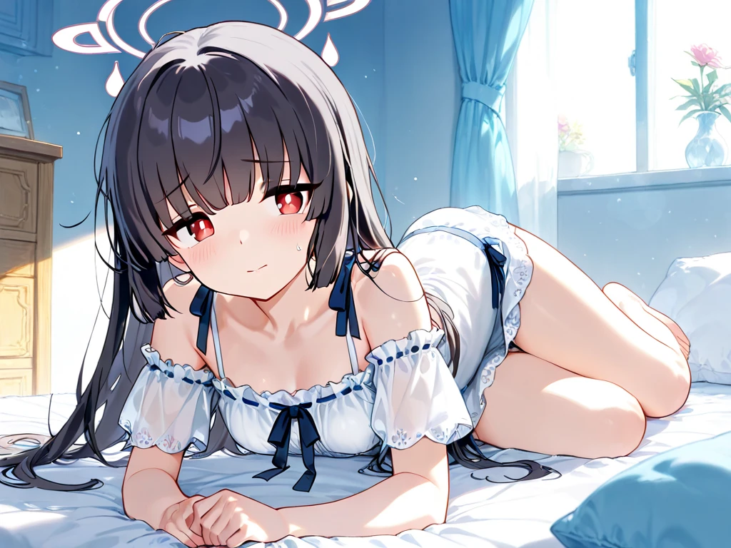 high angle, looking at viewer, looking ahead, from above,cowboy shot,1 girl ,Lying in bed,Beautiful girl at 10 years old,Japanese,,,Small and slim,Flat Chest,Thin legs,Small breasts,Baby Face,Small face,Black Hair,Row Twin Tails,Grey Eyes,middle School girls,Sheer sexy nightgown,lingerie,open mouth,tongue out,Beautiful and detailed anime art,puzzled look,Sexy vibe,cum on tongue,Dark Room,